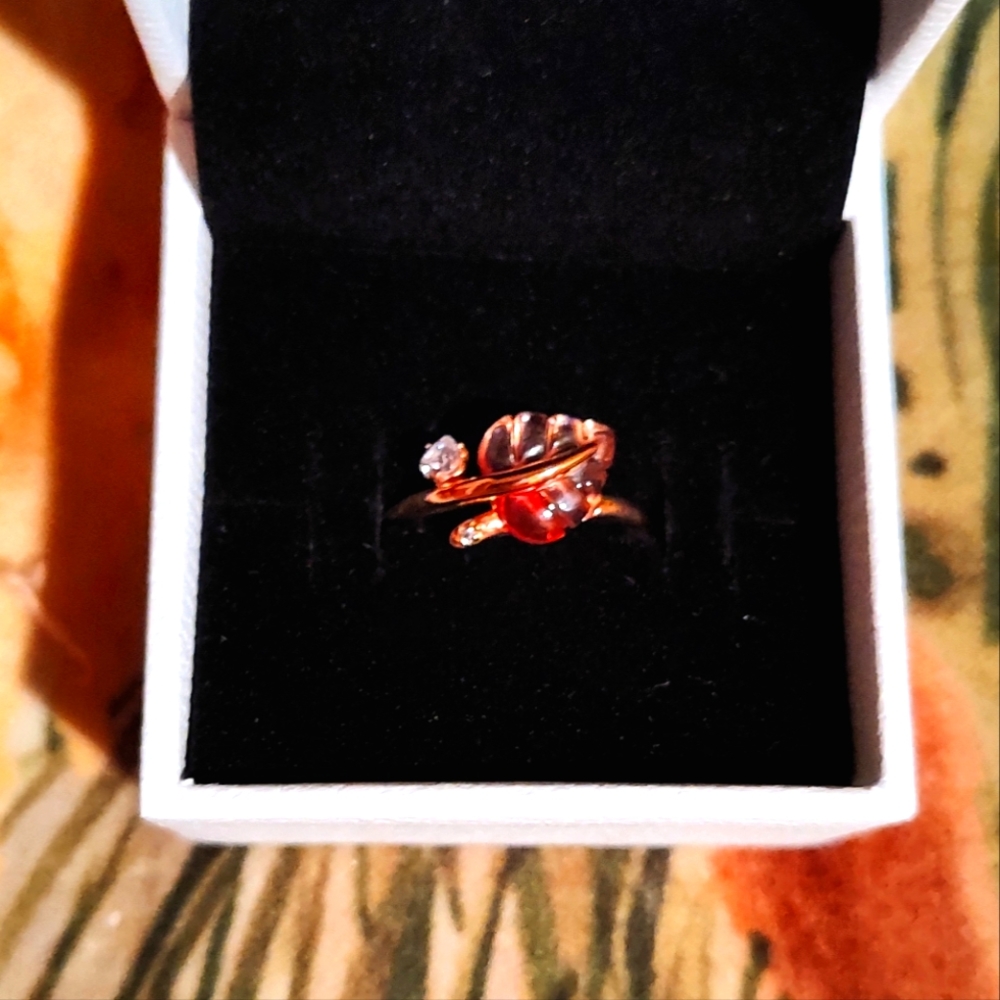 NIB Pandora 14K Rose Gold Plated Over Silver Pink Murano Glass CZ Leaf Ring